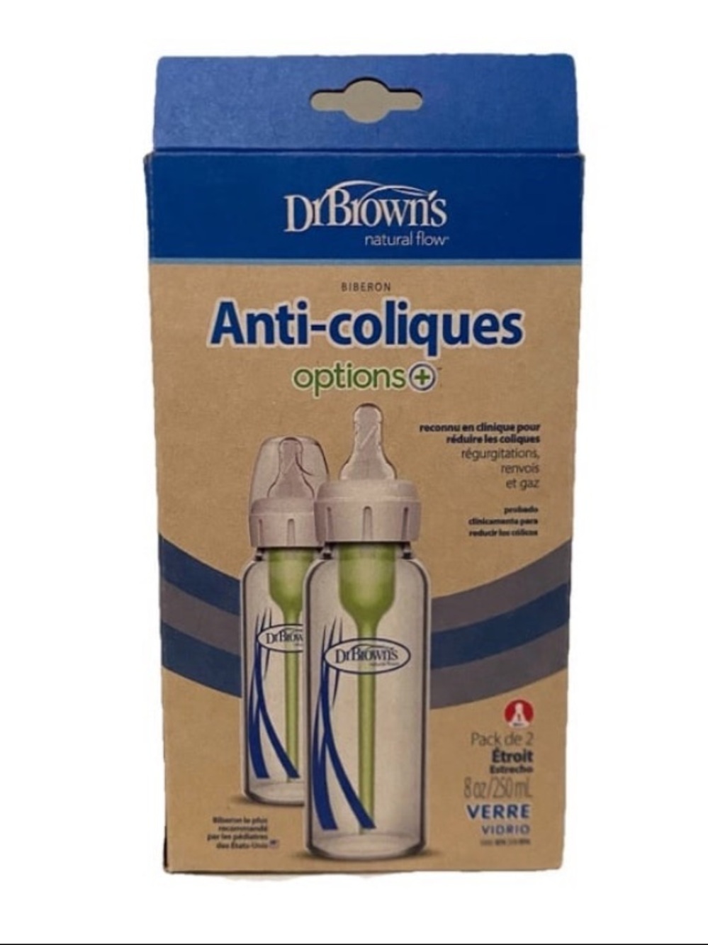Dr. Brown's Options+ Glass Anti-Colic Baby Bottle (2 Pack) 8oz/250ml